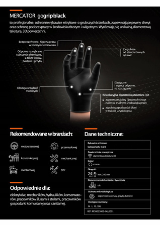 Rękawice nitrylowe Mercator GoGrip Black 50 sztuk rozmiar M